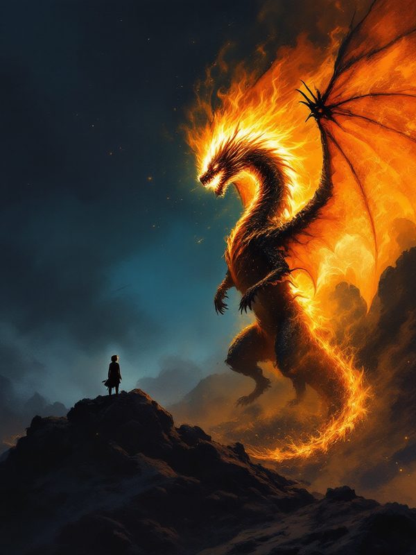 A fire-breathing dragon rearing over a tiny figure on a ridge