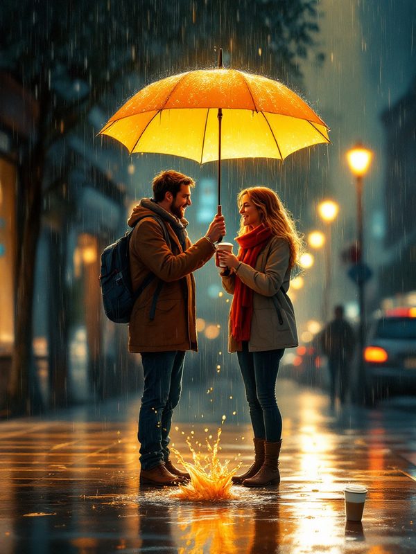 Two people laughing under one small umbrella, coffee spilled at their feet