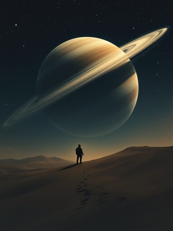 A lone traveller on a dune beneath an enormous ringed planet