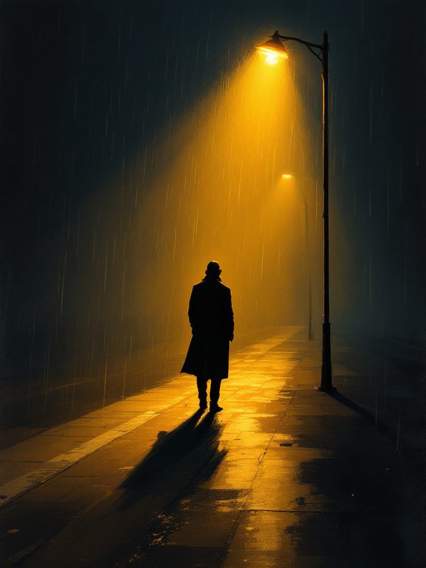 A figure in a long coat under a streetlight in heavy rain